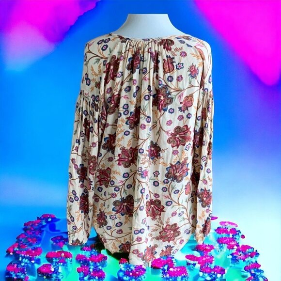 Ralph Lauren Chaps quarter sleeve drawstring keyhole tan floral blouse ladies S - Picture 3 of 7